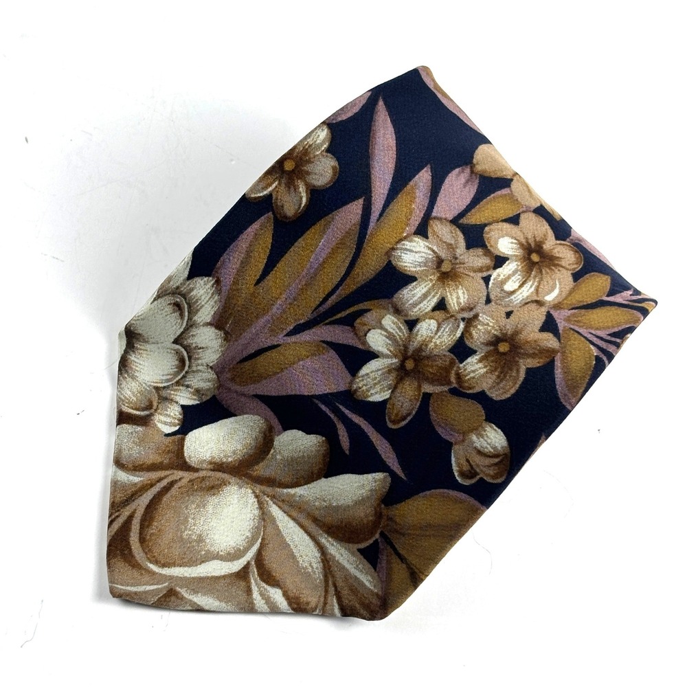 VTG Bill Blass Necktie Mens Navy Brown Floral Silk Blend Botanical Tie Wedding